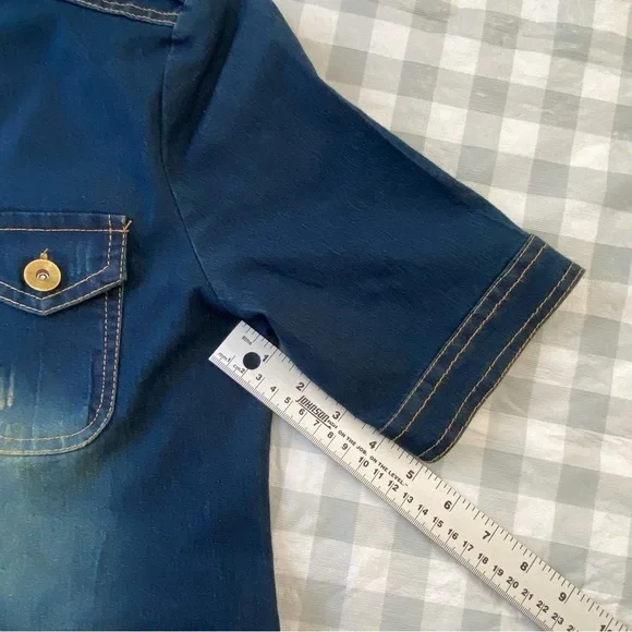 Mida denim mini dress lightweight distressed blue jeans button up closure small - Picture 14 of 16